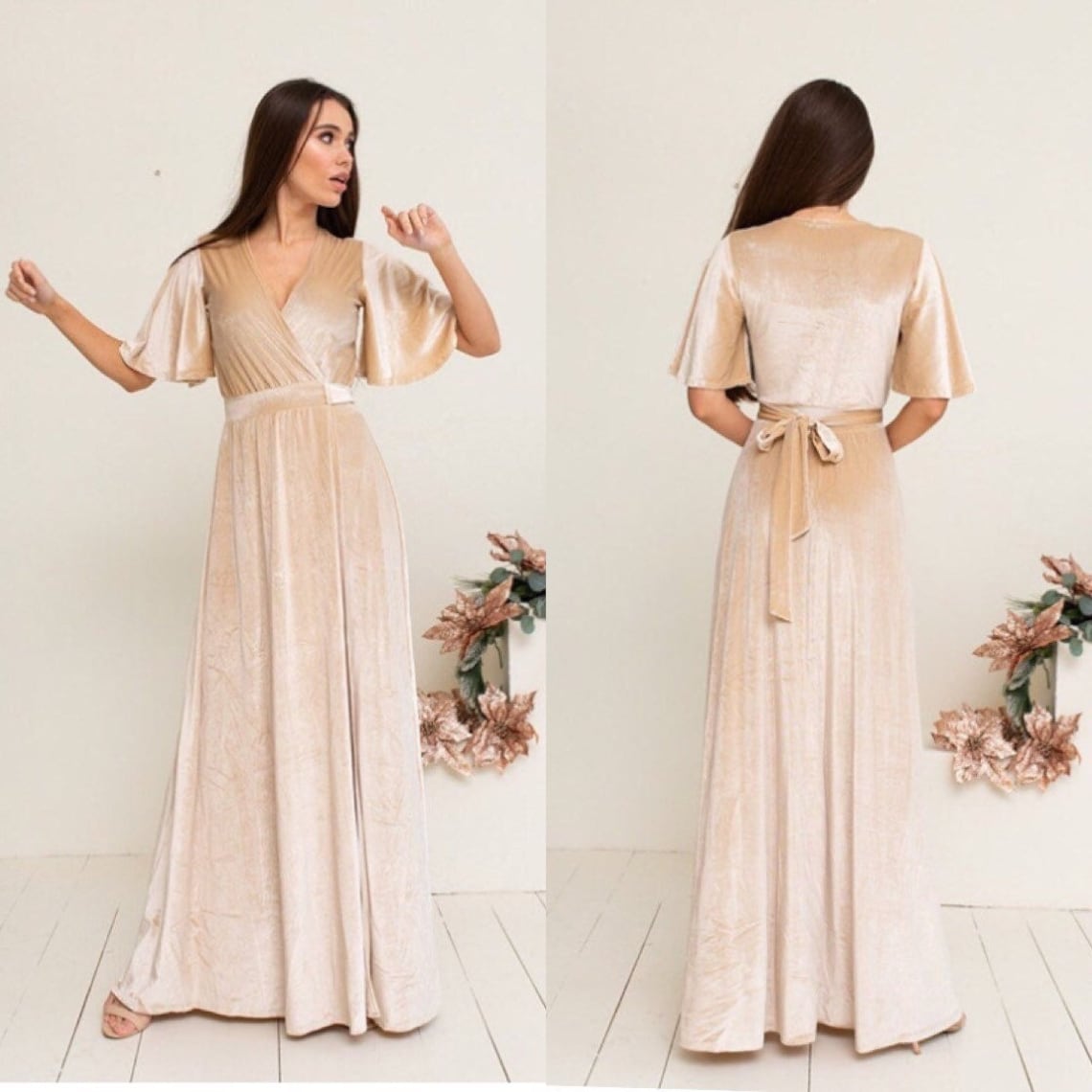 Champagne Velvet Bridesmaid Dress Maxi Flutter Sleeve Dress image 1