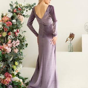 Velvet Off-Shoulder V-Cut Neck Long Sleeve Gown Lilac