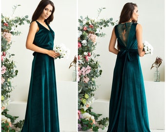 Dark Green Velvet Dress Maxi Train Dress Boho Bridesmaid Dress Long 80 Prom Dress Dress with Train Sleeveless Dress Wedding Guest Dress