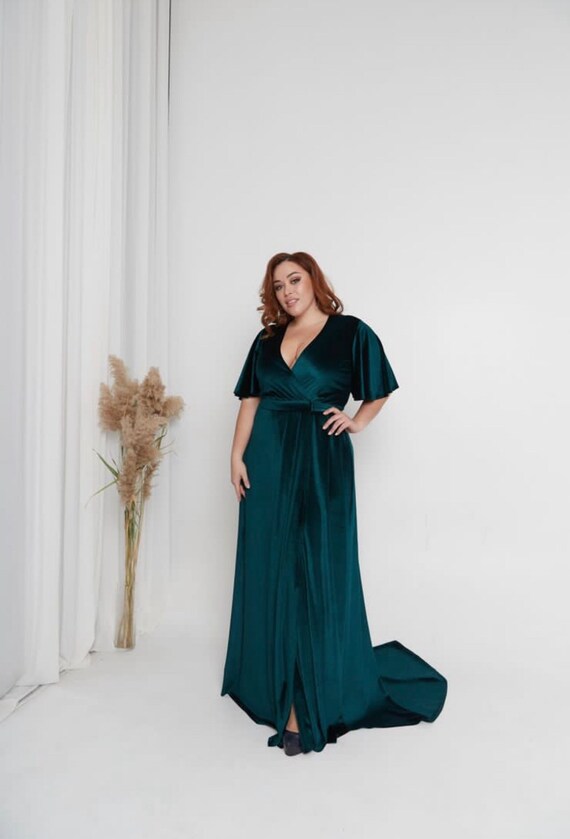 Champagne Velvet Bridesmaid Dress Maxi Flutter Sleeve Dress Wrap Half Sleeve Dress Prom Dress Belle Dress Bridesmaid Wrap Long V neck Dress