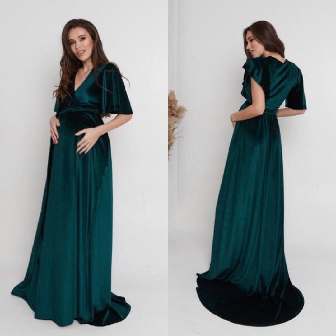Dark Green Velvet Maternity Dress Maxi Flutter Sleeve Dress Wrap Half