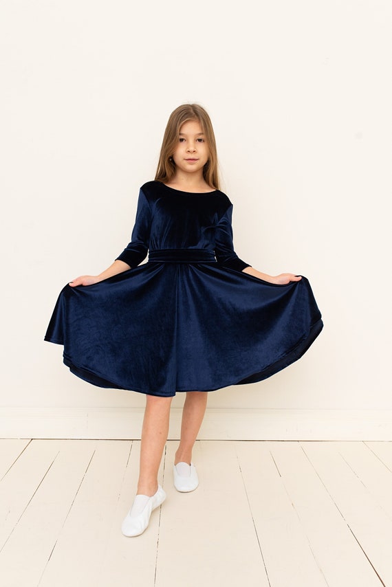 Navy Girls Velvet A Line Party Midi Velvet Girls Winter Holiday