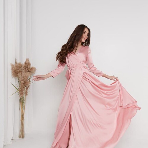 Rose Gold Silk Wrap Dress 3/4 shops Sleeve Dress Silk Wrap Dress Peasant Dress Half Sleeve Bridesmaid Dress Long Maxi Dress Goddess dress