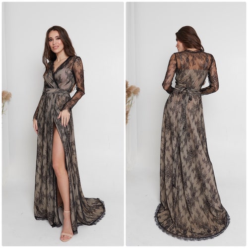 Sheer Wrap Lace Dress High Slit Dress Sheer 80s Prom Dress Maxi Long Sleeve Dress Lace Gown With Sleeves Ball Gown Formal Long Mesh Dress