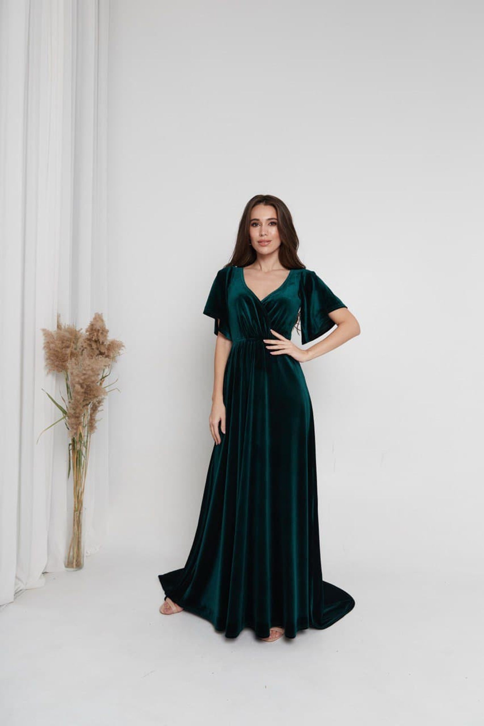 Dark Green Velvet Dress Maxi Train Dress Boho Bridesmaid Dress | Etsy