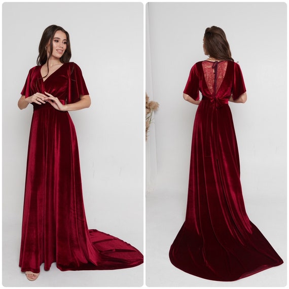 Burgundy Velvet Dress Maxi Train Dress Boho Bridesmaid Dress Long