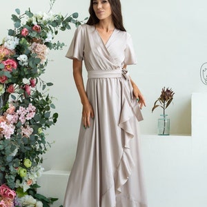 Champagne Maxi Ruffle Wrap Dress Long Bridesmaid Bell Sleeve V Neck ...