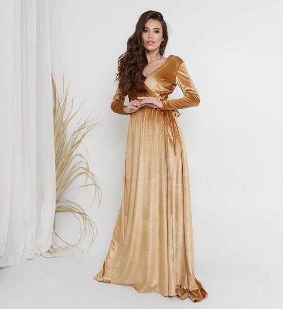 Gold Velvet Long Wrap Dress V Neck Wrap Dress Backless Dress A line Modest Dress Maxi Dress With Long Sleeves Bridesmaid Long Train Dress Etsy Canada