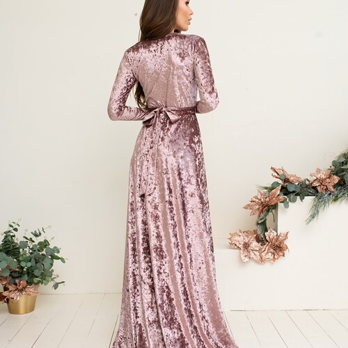 Marble Mauve Velvet Dress V Neck Wrap Dress A-line Modest Dress Elven shops Maxi Dress Long Sleeves Bridesmaid Long Train Romantic Prom Dress
