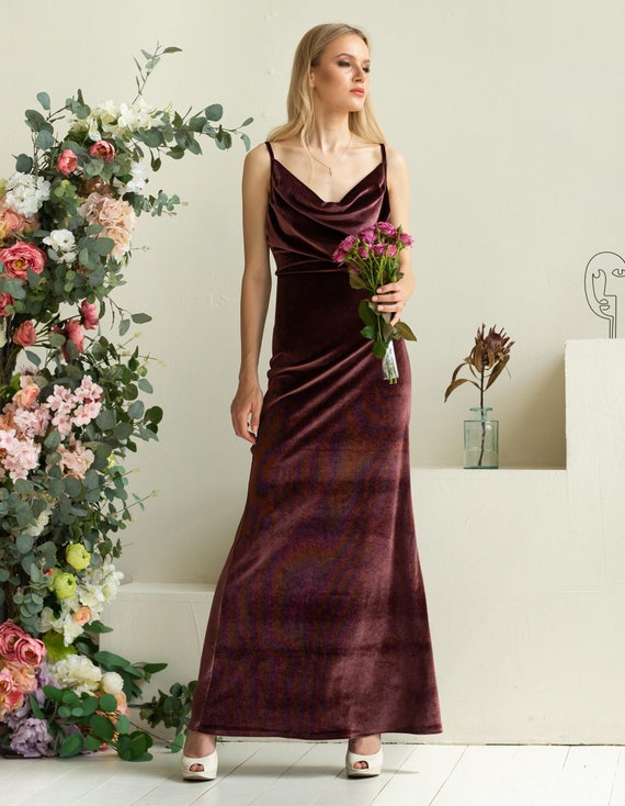 Dusty Rose Cowl Neck Velvet Dress Spaghetti Strap Dress Zipper Drape Modest Sleeveless Floor Length Dress Wedding Guest Long Evening Gown Etsy UK