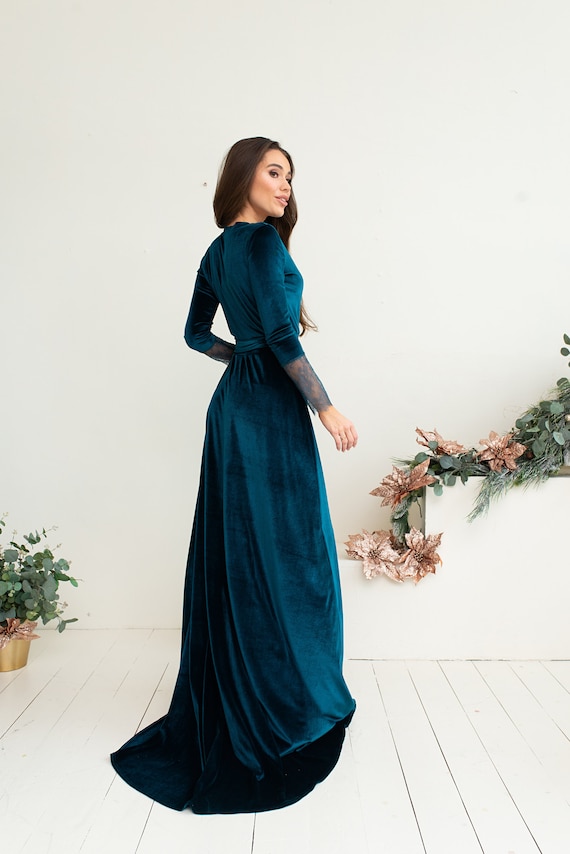 Dark Teal Velvet Dress V Neck Wrap Dress A-line Dress Maxi Dress