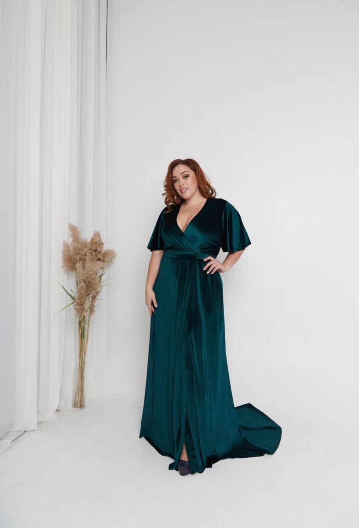 Dark Teal Velvet Bridesmaid Dress Maxi Flutter Sleeve Dress Dark Teal