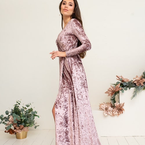 Marble Mauve Velvet Dress V Neck Wrap Dress A-line Modest Dress Elven shops Maxi Dress Long Sleeves Bridesmaid Long Train Romantic Prom Dress