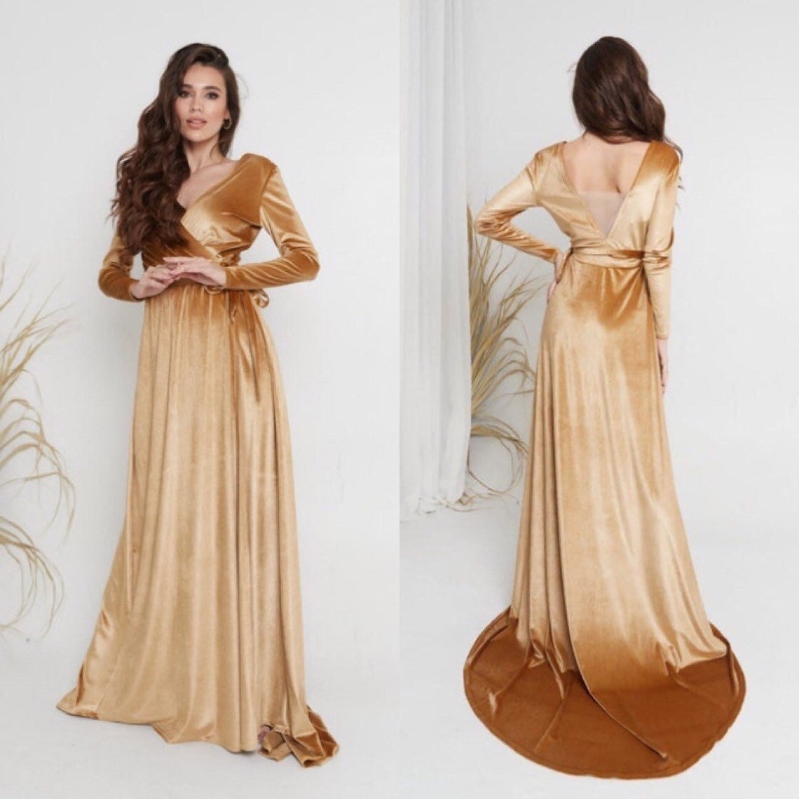 Gold Velvet Long Wrap Dress V Neck Wrap Dress Backless Dress image 1