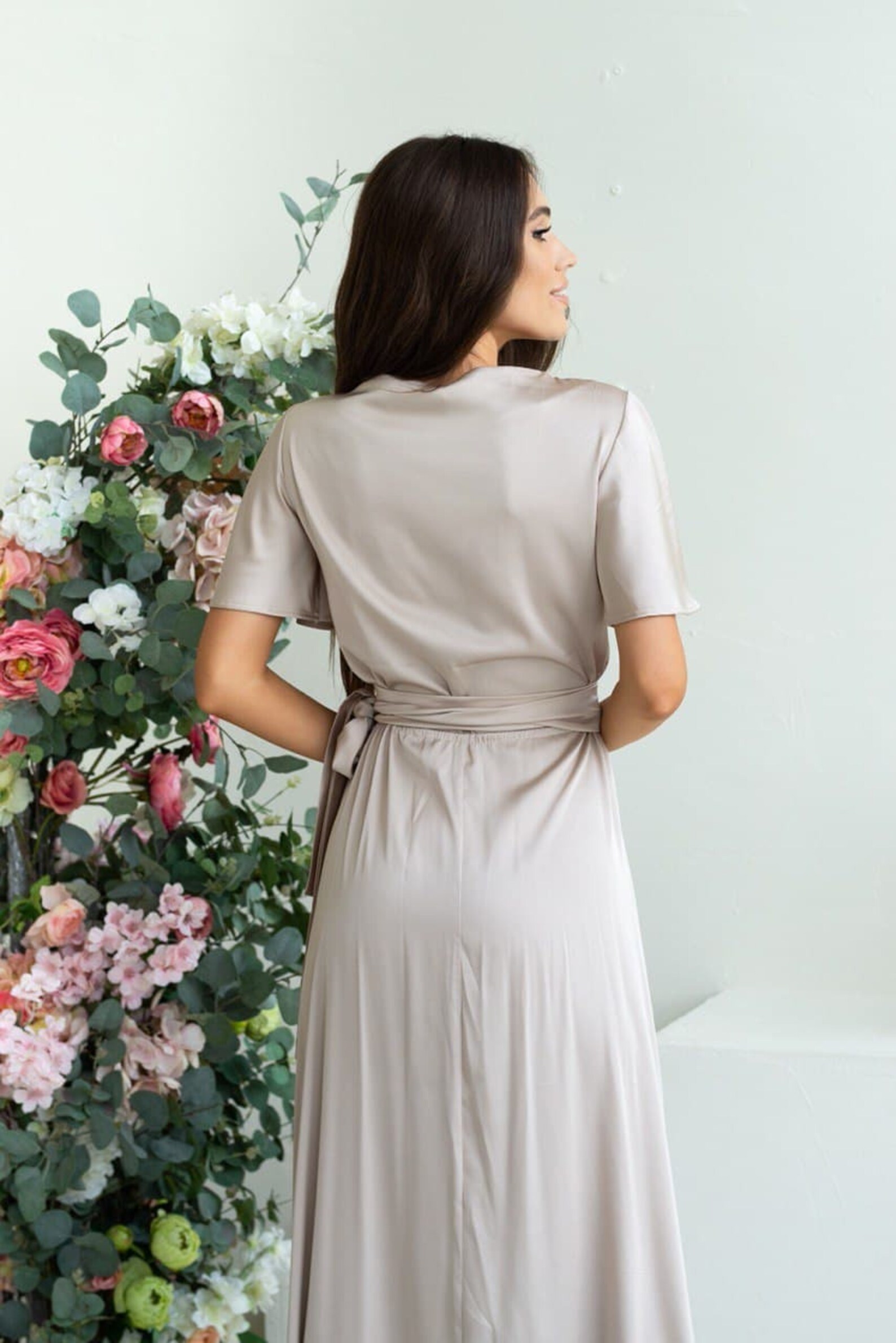 Champagne Maxi Ruffle Wrap Dress Long Bridesmaid Bell Sleeve V Etsy