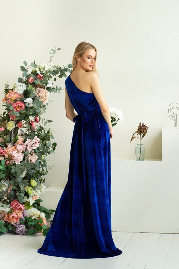 Gold One Shoulder Velvet Dress Floor Length Prom Dress Asymmetric