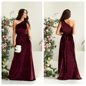 Wine One Shoulder Velvet Dress Floor Length Prom Dress Asymmetric Sleeveless Dress Maxi Train Toga dress Fitted Waist Belt Flowy Photoshoot