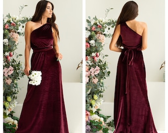 Wine One Shoulder Velvet Dress Floor Length Prom Dress Asymmetric Sleeveless Dress Maxi Train Toga dress Fitted Waist Belt Flowy Photoshoot