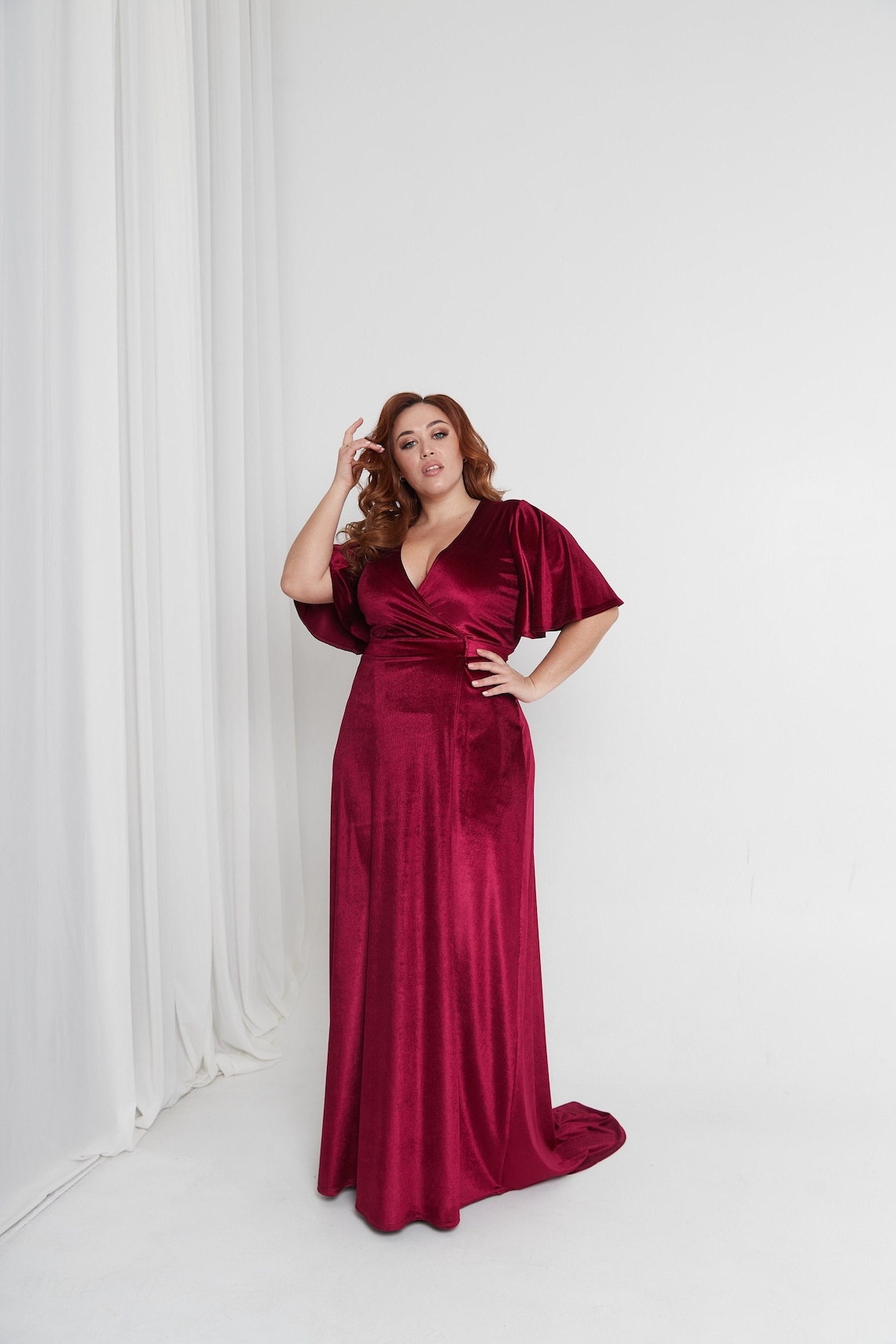 Burgundy Velvet Bridesmaid Dress Maxi Flutter Sleeve Dress Burgundy