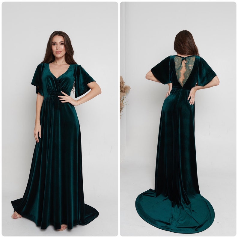 Dark Green Velvet Dress Maxi Train Dress Boho Bridesmaid Dress Long 80 Prom Dress Dress with Train Flutter Sleeves Dress Wedding Guest Dress 