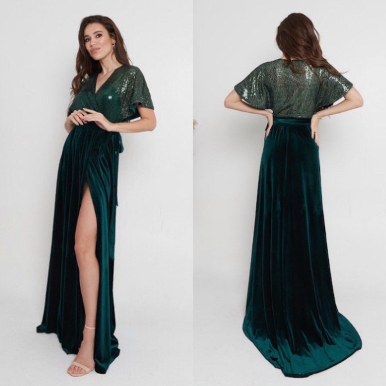 Emerald Wrap Dress High Slit Dress Boho Bridesmaid Dress Long 80s Prom Sequin dress Ball Evening Gown Long Train Dress Flutter Sleeves Robe 