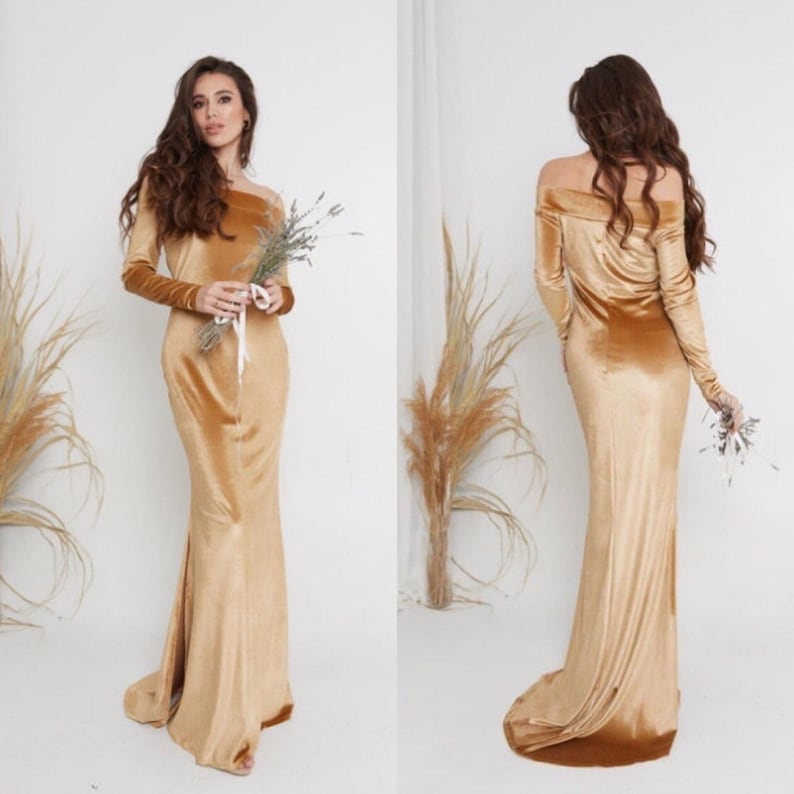 Gold Velvet 80s Prom Dress Belle Dress Off Shoulder Dress Slip Dress Long sleeve Maxi Dress with Train Mermaid Prom Dress Elven Dress 