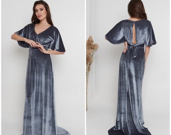 Silver Velvet Dress A-line XL Dress High Waist Dress Short Flutter Sleeve Dress 80s Prom Dress Backless Floor Length Bridesmaid Dress