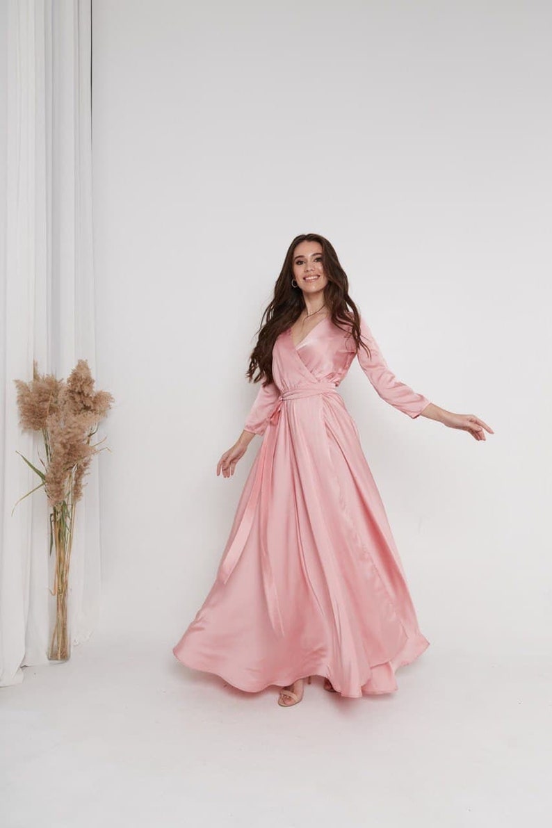 Rose Gold Silk Wrap Dress 3/4 Sleeve Dress Silk Wrap Dress Rose Gold