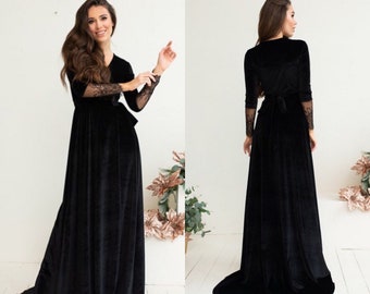 Black Velvet Dress V Neck Wrap Dress A-line Dress Maxi Dress with Long Lace Sleeves Bridesmaid Long Train Dress Photoshoot Dress Prom Gown