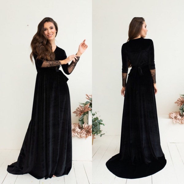 Schwarzes Samtkleid V Neck Wrap Kleid A-Linie Kleid Maxikleid mit langen Spitzenärmeln Brautjungfer Long Train Kleid Fotoshooting Kleid Prom Gown