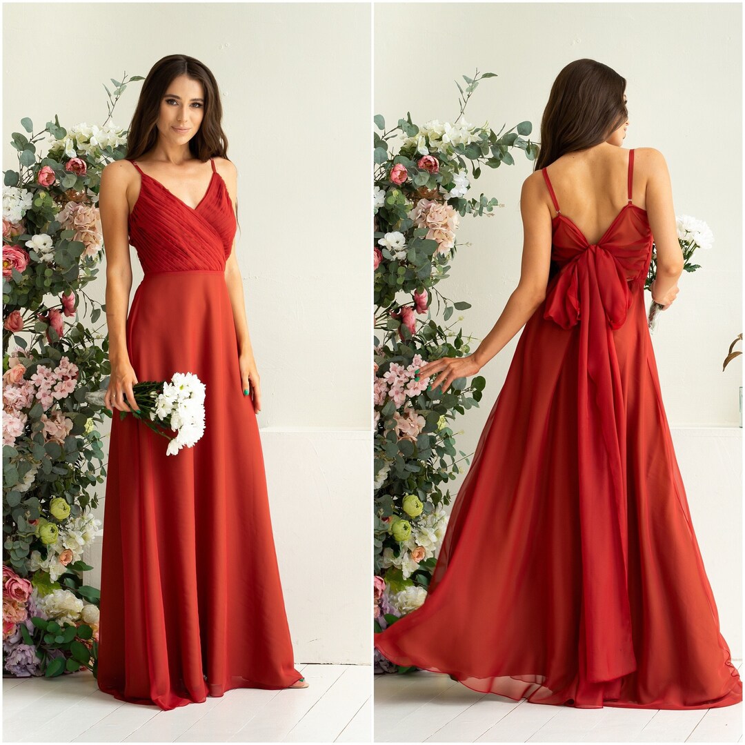 Long Chiffon Dress with V Neck and Bow Straps Rust Plus Size