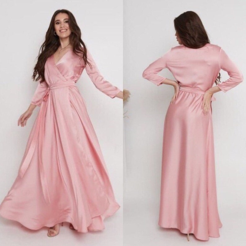 Rose Gold Silk Wrap Dress 3/4 Sleeve Dress Silk Wrap Dress Peasant Dress Half Sleeve Bridesmaid Dress Long Maxi Dress Goddess dress 