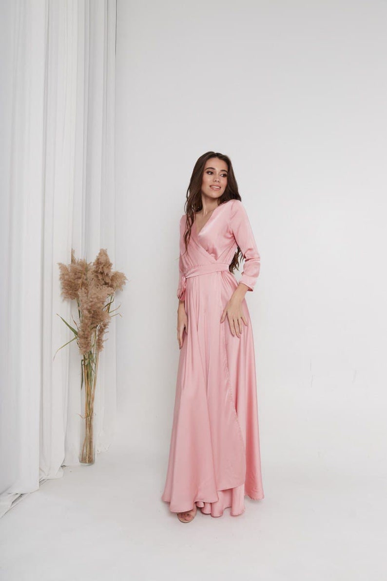 Rose Gold Silk Wrap Dress 3/4 Sleeve Dress Silk Wrap Dress image 9
