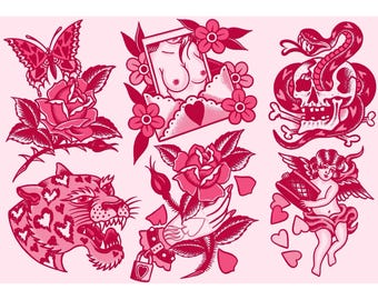 Lovers A4 TATTOO FLASH SHEET | Traditional flash | tattoo flash print