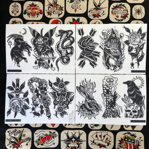 Jeu de 1 feuilles A4 FLASH TATOUAGE Blackwork | Flash traditionnel | Impression flash de tatouage