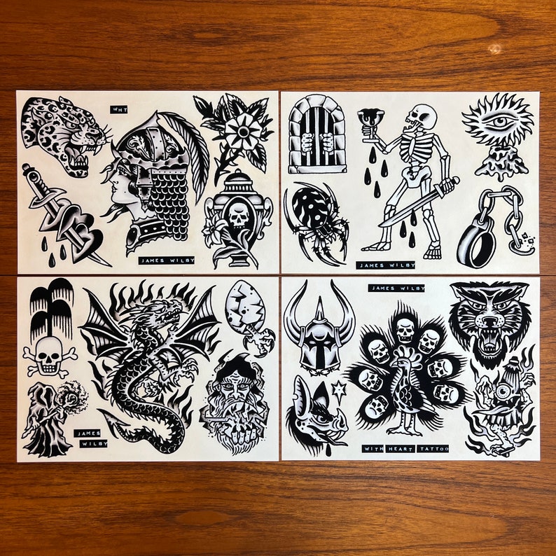 Blackwork A4 TATTOO FLASH SHEET Set Traditional Flash - Etsy
