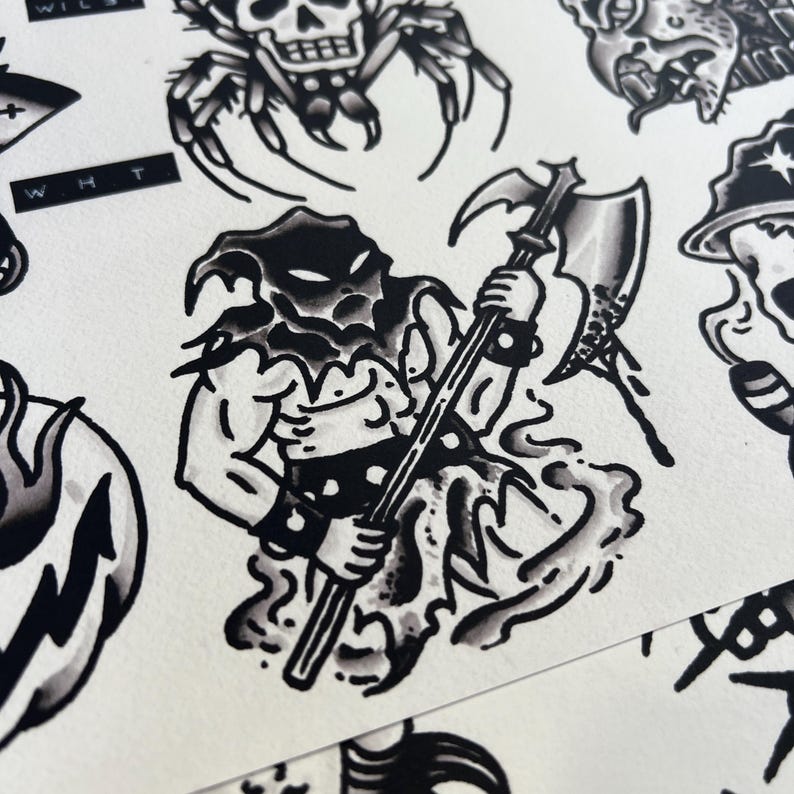 May include: Black and white tattoo flash sheet featuring various traditional tattoo designs. The central image is a muscular figure in a hood holding an axe. Other designs include a skull spider, and a skull with a hat.