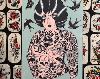 Tattooed Lady A3 TATTOO FLASH SHEET | Traditional flash | tattoo flash print