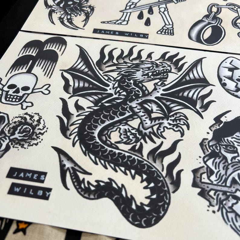 Blackwork A4 TATTOO FLASH SHEET Set | Traditional Flash | Tattoo Flash ...