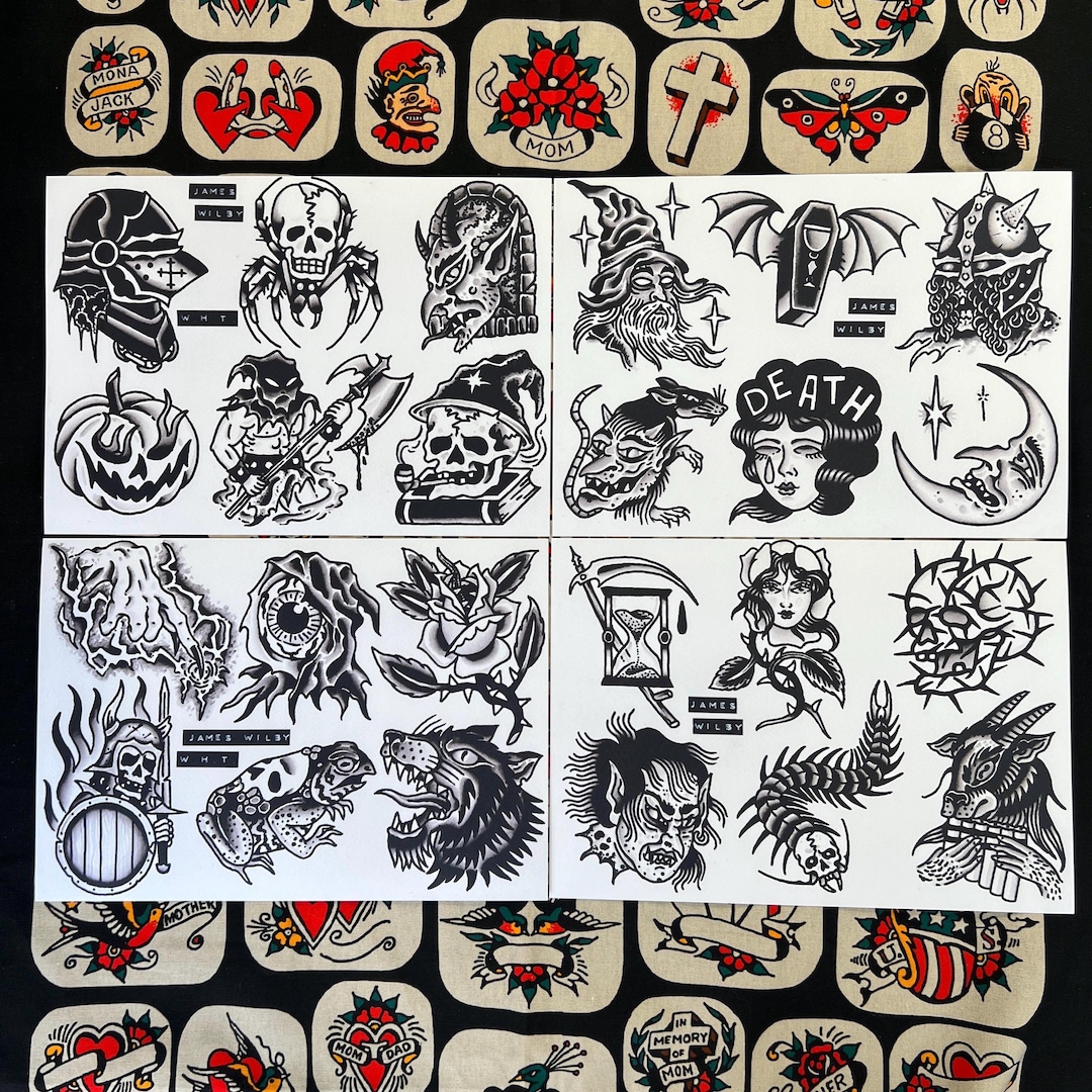 Blackwork Set 2 A4 TATTOO FLASH SHEET Set | Traditional Flash | Tattoo ...