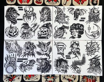May include: A collection of black and white tattoo flash sheets featuring various traditional tattoo designs. The designs include skulls, demons, roses, and other classic tattoo motifs. The sheets are arranged on a white background.