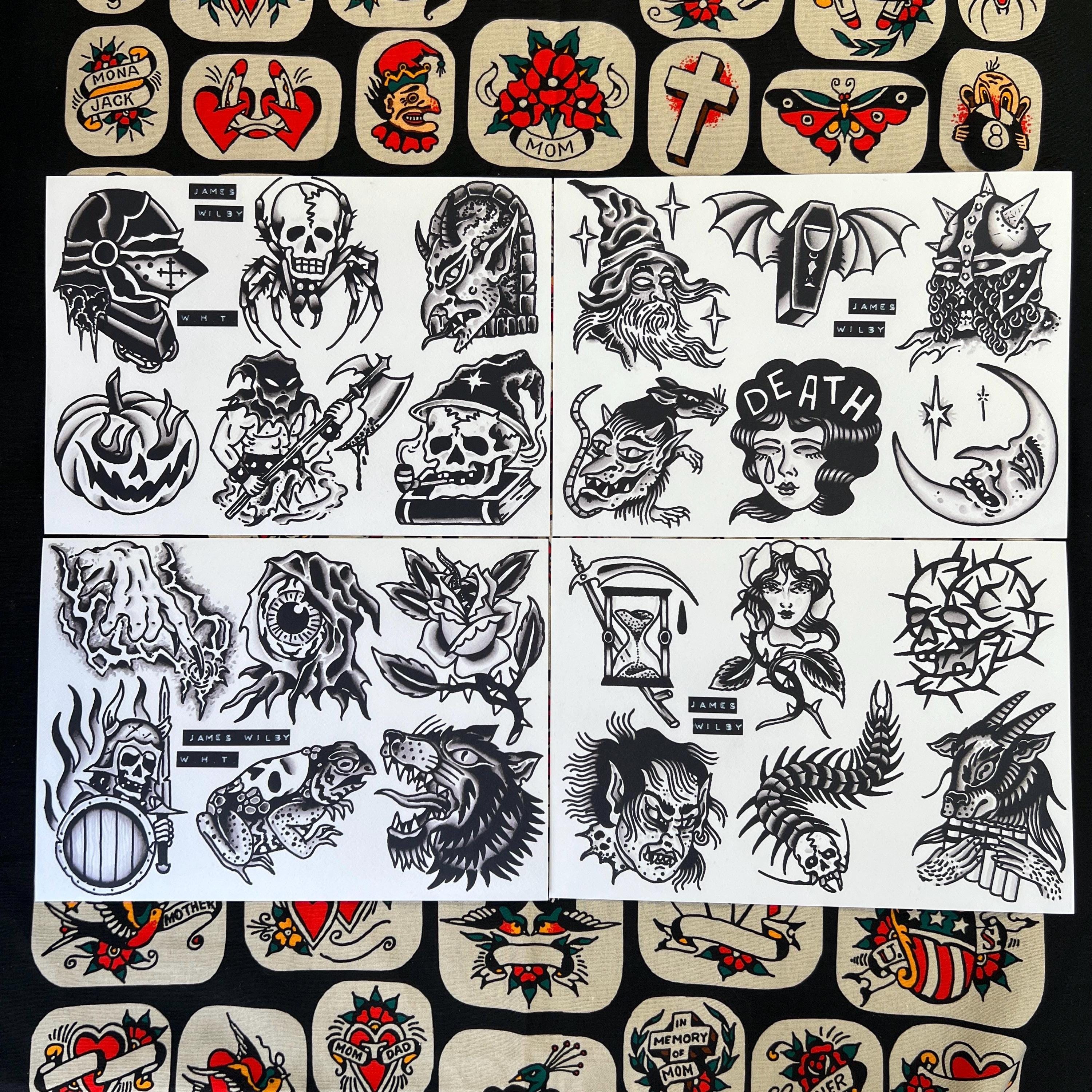 Blackwork Set 2 A4 TATTOO FLASH SHEET Set | Traditional Flash