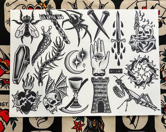 Blackwork gap fillers A4 TATTOO FLASH SHEET | Traditional flash | tattoo flash print
