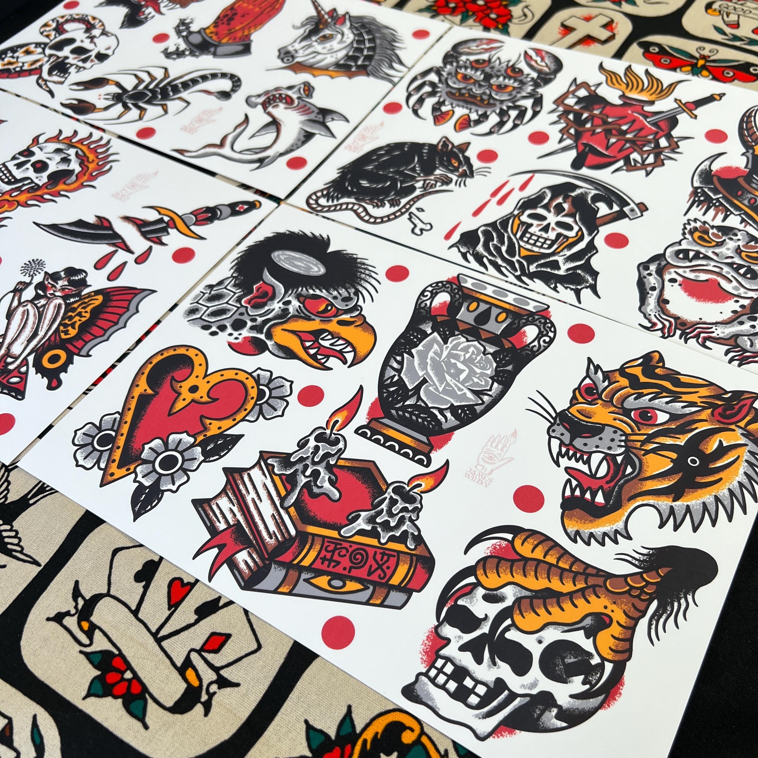 Colour A4 TATTOO FLASH SET | Traditional Flash | Tattoo Flash Print - Etsy