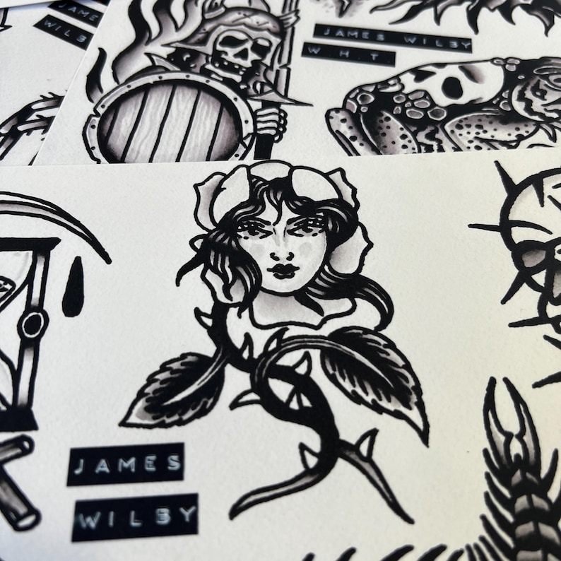 Blackwork Set 2 A4 TATTOO FLASH SHEET Set | Traditional Flash | Tattoo ...