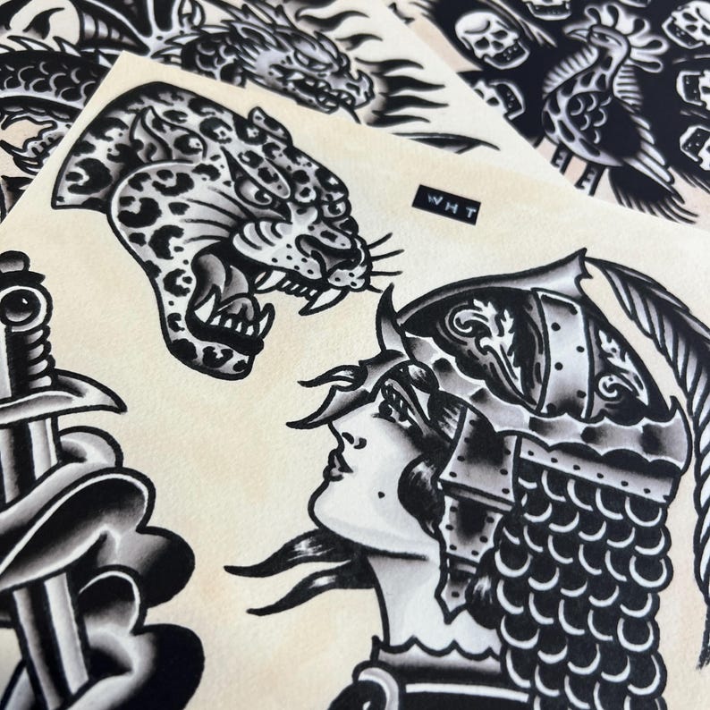 Blackwork A4 TATTOO FLASH SHEET Set | Traditional Flash | Tattoo Flash ...