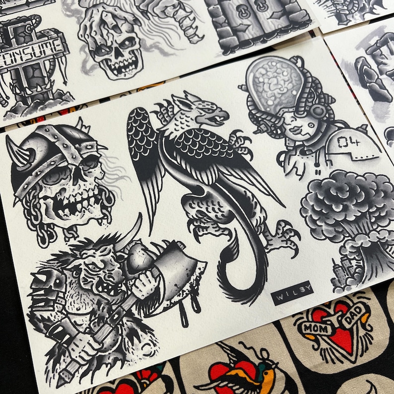 Blackwork Set 3 A4 TATTOO FLASH SHEET Set | Traditional Flash | Tattoo ...