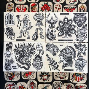 Blackwork A4 TATTOO FLASH SHEET set | Traditional flash | tattoo flash print