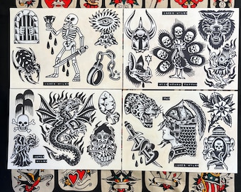 Blackwork A4 TATTOO FLASH SHEET set | Traditional flash | tattoo flash print