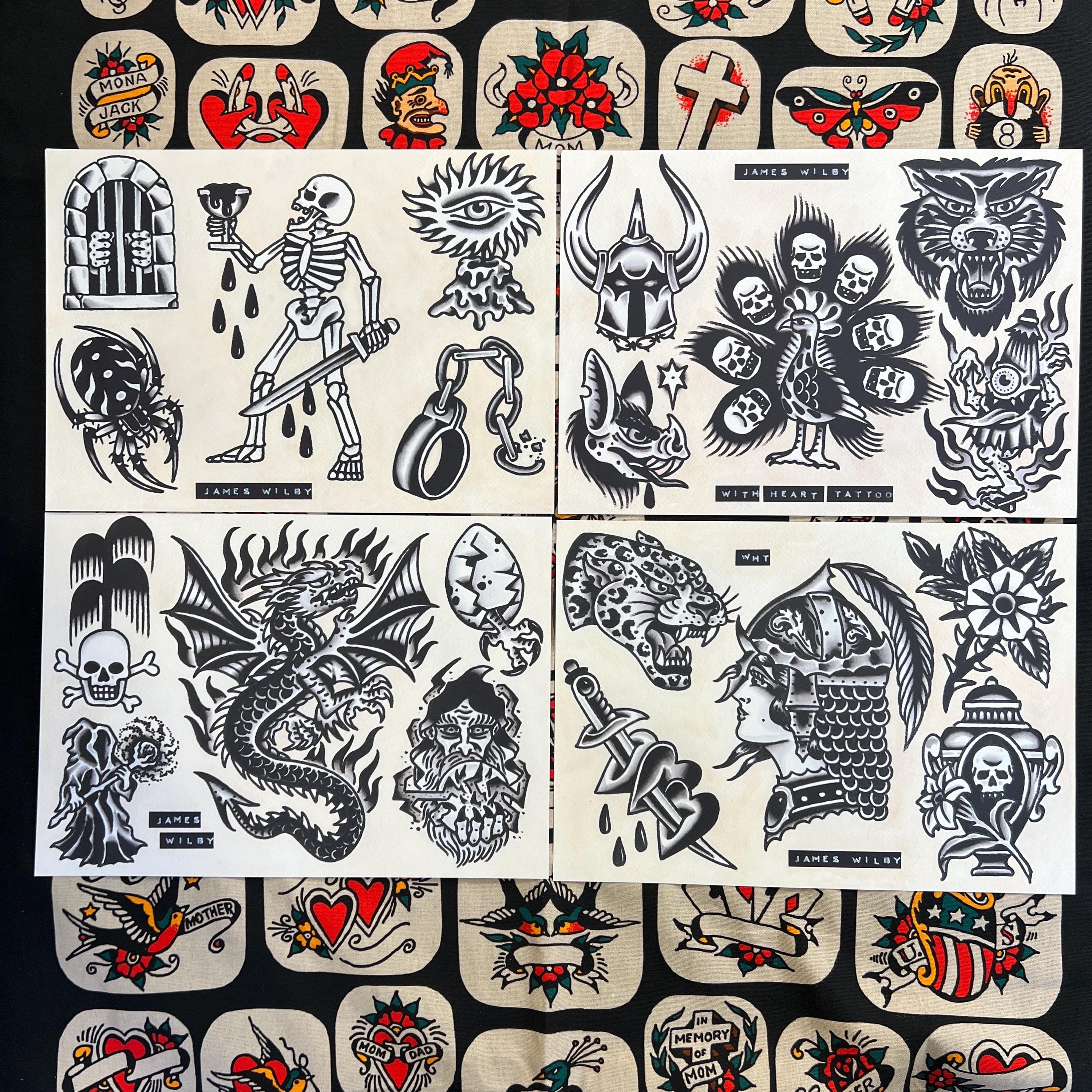 Blackwork A4 TATTOO FLASH SHEET Set | Traditional Flash | Tattoo